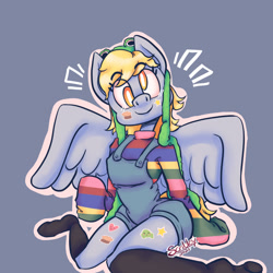 Size: 1024x1024 | Tagged: safe, artist:scribleydoodles, derpy hooves, anthro, pegasus, clothes, hoodie, kneesocks, looking at you, overalls, sitting, smiling, sticker, sweater
