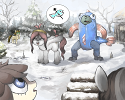 Size: 2121x1697 | Tagged: safe, artist:colochenni, oc, oc only, oc:anon, oc:cold shoulder, oc:frosty flakes, human, pony, eyes closed, female, fish costume, grin, human male, male, mare, signature, snow, snowpony (species), taiga pony, talking, village, yakutian horse