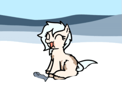 Size: 847x653 | Tagged: safe, artist:neuro, oc, oc only, oc:puffins, fish, pony, /mlp/, animated, blood, eating, eyes closed, female, filly, foal, food, mare, meat, piebald, ponies eating fish, ponies eating meat, sitting, snow, snow mare, snowpony (species), solo, taiga pony, yakutian horse