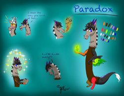 Size: 2217x1723 | Tagged: safe, artist:diamond06mlp, derpibooru import, discord, oc, oc only, oc:paradox, draconequus, blushing, bust, draconequus oc, fire, fire breath, glowing hands, male, reference sheet, signature