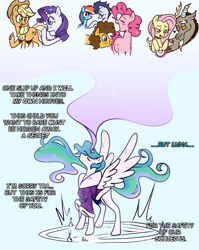 Size: 1272x1600 | Tagged: safe, artist:eggzeafanart, derpibooru import, applejack, cheese sandwich, discord, fluttershy, pinkie pie, princess celestia, rainbow dash, rarity, soarin', alicorn, draconequus, earth pony, pegasus, pony, unicorn, blushing, cheesepie, clothes, dialogue, discoshy, eyes closed, female, happy, heart, lesbian, lidded eyes, magic, male, pregnancy test, pregnant, rarijack, shipping, soarindash, straight, teary eyes