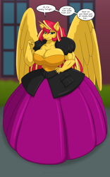 Size: 1250x2000 | Tagged: safe, alternate version, artist:runningtoaster, derpibooru import, sunset shimmer, alicorn, anthro, alicornified, big breasts, breasts, cleavage, clothes, colored, dialogue, dress, female, flexing, gown, huge breasts, human to anthro, implied transformation, muscles, muscular female, outdoors, poofy shoulders, race swap, smiling, species swap, speech bubble, sunset jiggler, sunset lifter, talking, transformation