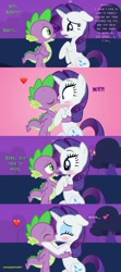Size: 2048x4604 | Tagged: safe, artist:georgegarza01, derpibooru import, rarity, spike, dragon, pony, unicorn, blushing, comic, confession, ears, emoji, female, floppy ears, heart, hooves on cheeks, kissing, looking at each other, love, male, night, pink background, romantic, sad, shipping, shocked, show accurate, simple background, smiling, sparity, straight, surprise kiss, text