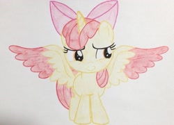 Size: 2952x2128 | Tagged: safe, artist:lachlancarr1996, derpibooru import, apple bloom, alicorn, earth pony, alicornified, bloomicorn, female, filly, race swap, solo, traditional art