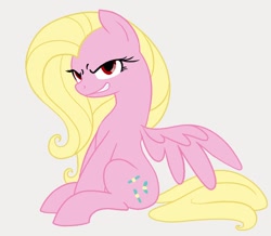 Size: 1008x880 | Tagged: safe, artist:dotkwa, derpibooru import, fluttershy, oc, oc:shutterfly, pegasus, pony, colored, evil grin, female, flat colors, gray background, grin, mare, not buttershy, palette swap, recolor, simple background, sitting, smiling