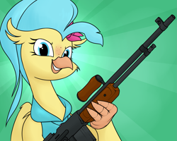 Size: 1601x1283 | Tagged: safe, artist:moonatik, derpibooru import, princess skystar, hippogriff, equestria at war mod, my little pony: the movie, abstract background, automatic rifle, bar m1918, browning automatic rifle, claws, clothes, female, flower, flower in hair, freckles, grin, gun, looking at you, rifle, smiling, solo, weapon