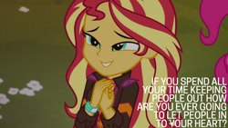 Size: 1280x720 | Tagged: safe, derpibooru import, edit, edited screencap, editor:quoterific, screencap, pinkie pie, sunset shimmer, equestria girls, equestria girls series, sunset's backstage pass!, spoiler:eqg series (season 2), female, geode of empathy, magical geodes, music festival outfit, offscreen character, smiling, solo focus