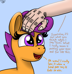 Size: 1609x1653 | Tagged: safe, artist:darkyboode32, derpibooru import, scootaloo, human, pegasus, pony, bust, cute, cutealoo, duo, female, filly, hand, happy, head pat, offscreen character, offscreen human, open mouth, pat, patting, petting, reassurance, simple background, talking, text