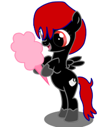 Size: 249x300 | Tagged: safe, derpibooru import, oc, oc only, oc:shadow sky, pegasus, pony, bipedal, cotton candy, cute, hoof hold, open mouth, open smile, pegasus oc, red and black oc, red eyes, red mane, simple background, smiling, solo, spread wings, tiny, transparent background, wings