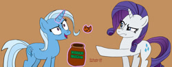 Size: 1280x501 | Tagged: safe, artist:romulus4444, derpibooru import, rarity, trixie, pony, unicorn, cookie, cookie jar, food, levitation, magic, scrunchy face, telekinesis