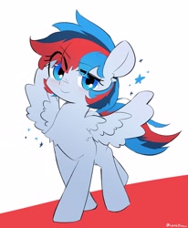 Size: 2622x3187 | Tagged: safe, artist:lexiedraw, derpibooru import, oc, oc only, oc:retro city, pegasus, pony, blue eyes, blue mane, blue tail, blushing, female, mare, multicolored mane, multicolored tail, oc name needed, raised hoof, raised leg, red mane, red tail, solo, spread wings, walking, wings
