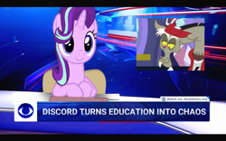 Size: 1084x677 | Tagged: safe, derpibooru import, edit, edited screencap, screencap, discord, starlight glimmer, draconequus, pony, unicorn, series:equestrian propaganda of success, a matter of principals, chair, female, male, mare, meme, news, poland, ponified, ponified meme, reference, sitting, tvp, zbs