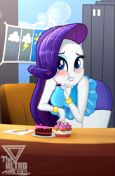 Size: 910x1384 | Tagged: safe, artist:theretroart88, derpibooru import, rarity, equestria girls, equestria girls series, blushing, breasts, cake, cupcake, food, looking at you, messy eating, rarity peplum dress, weather, weather forecast