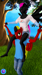 Size: 2160x3840 | Tagged: safe, artist:pootanger_sfm, derpibooru import, oc, oc only, oc:portal, oc:war heart, anthro, pegasus, plantigrade anthro, barefoot, clothes, eyes closed, feet, holding hands, looking up, outdoors, pegasus oc, sitting on shoulders, smiling