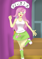 Size: 2630x3717 | Tagged: safe, alternate version, artist:lennondash, derpibooru import, fluttershy, equestria girls, breasts, cute, eyes closed, hootershy, open mouth, open smile, raised leg, shyabetes, singing, smiling