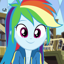 Size: 1000x1000 | Tagged: safe, artist:flutteryaylove, derpibooru import, edit, edited screencap, screencap, rainbow dash, equestria girls, absolute cleavage, adorasexy, breasts, cleavage, clothes, cute, dashabetes, library, looking at you, open clothes, rainboob dash, sexy, smiling, smiling at you