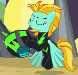 Size: 943x910 | Tagged: safe, derpibooru import, screencap, lightning dust, pegasus, pony, season 8, the washouts (episode), spoiler:s08, clothes, cropped, eyes closed, female, helmet, mare, solo, uniform, washouts uniform