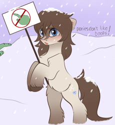 Size: 3115x3387 | Tagged: safe, artist:vetta, edit, editor:edits of hate, oc, oc only, oc:frosty flakes, pony, bipedal, blatant lies, blushing, chest fluff, female, fluffy, imminent boop, looking at you, mare, no boop, sign, snowpony (species), solo, taiga pony, unshorn fetlocks, vulgar, yakutian horse