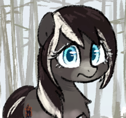 Size: 536x504 | Tagged: safe, artist:anonymous, oc, oc only, oc:pine ponder, pony, /mlp/, blue eyes, chest fluff, disappointed, female, fluffy, forest, looking at you, mare, snow mare, snowpony (species), solo, taiga pony, tree, worried, yakutian horse
