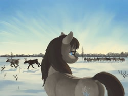 Size: 1600x1200 | Tagged: safe, artist:escdev, oc, oc only, oc:frosty flakes, deer, pony, reindeer, butt, chest fluff, dock, female, fluffy, mare, plot, rear view, running, smiling, snow, snowpony (species), sunrise, taiga, taiga pony, yakutian horse