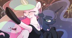 Size: 2773x1500 | Tagged: safe, artist:nookprint, derpibooru import, princess celestia, princess luna, alicorn, pony, alcohol, black gloves, blushing, clothes, drunk, drunk bubbles, ears, elegant, evening dress, evening gloves, eyes closed, female, fireworks, floppy ears, frown, glass, gloves, glowing, glowing horn, go home you're drunk, grin, gritted teeth, happy new year, happy new year 2022, holiday, horn, levitation, luna is not amused, magic, mare, royal sisters, siblings, sisters, smiling, telekinesis, unamused, wine, wine glass