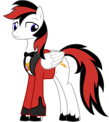 Size: 1259x1412 | Tagged: safe, artist:virgil pony, derpibooru import, oc, oc only, oc:flash, pegasus, pony, 2022 community collab, blue eyes, bowtie, clothes, derpibooru community collaboration, folded wings, full body, male, medallion, pegasus oc, red and black mane, simple background, smiling, solo, stallion, standing, suit, tail, transparent background, two toned mane, two toned tail, unshorn fetlocks, wings