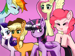 Size: 1600x1200 | Tagged: artist needed, source needed, safe, derpibooru import, applejack, fluttershy, pinkie pie, rainbow dash, rarity, twilight sparkle, twilight sparkle (alicorn), alicorn, earth pony, pegasus, pony, unicorn, blushing, chest fluff, ear fluff, ears, eye clipping through hair, eyebrows, eyebrows visible through hair, eyes closed, female, flying, looking at you, mane six, mare, one eye closed, open mouth, open smile, photo, pink background, simple background, smiling, smiling at you, spread wings, wings, wink, winking at you