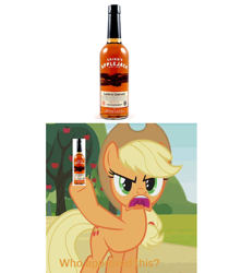 Size: 756x856 | Tagged: safe, artist:thegamerpainter, derpibooru import, edit, edited screencap, screencap, applejack, earth pony, pony, too many pinkie pies, 1000 hours in ms paint, alcohol, angry, apple, apple tree, applejack (drink), asking, caption, hoof hold, image macro, open mouth, solo, text, text edit, tree, uvula