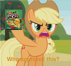 Size: 598x556 | Tagged: safe, artist:gbillustrations, artist:thegamerpainter, derpibooru import, edit, edited screencap, screencap, applejack, earth pony, pony, too many pinkie pies, 1000 hours in ms paint, angry, apple, apple jacks, apple tree, applejack cereal, asking, caption, cereal, food, hoof hold, image macro, open mouth, parody, pun, solo, text, text edit, tree, uvula
