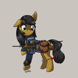 Size: 3500x3500 | Tagged: safe, artist:ghouleh, derpibooru import, oc, oc only, earth pony, fallout equestria, armor, bag, battle saddle, clothes, female, gun, mare, prehensile tail, rifle, saddle bag, screwdriver, tail, vault suit, weapon