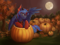 Size: 2250x1676 | Tagged: safe, artist:jewellier, derpibooru import, idw, princess luna, alicorn, pony, disguise, evil luna, moon, night, pumpkin, solo, tree