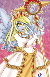 Size: 660x1020 | Tagged: safe, artist:inkkeystudios, derpibooru import, derpy hooves, anthro, pegasus, abstract background, clothes, crossover, diadem, dress, dungeons and dragons, female, healer, looking at something, mare, open mouth, pen and paper rpg, priest, rpg, signature, staff, warcraft, white outline, world of warcraft