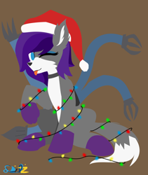 Size: 2362x2795 | Tagged: safe, artist:samsailz, derpibooru import, oc, :p, christmas, christmas lights, commission, hat, holiday, lineless, mechanical arms, mechanical hands, no iris, one eye closed, santa hat, solo, tangled up, tongue, tongue out, wink, ych example, ych result, your character here