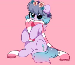 Size: 3897x3374 | Tagged: safe, artist:kittyrosie, derpibooru import, oc, oc only, earth pony, pony, blushing, christmas, clothes, cute, earth pony oc, eyes closed, flower, flower in hair, holiday, ocbetes, scarf, simple background, solo, striped scarf
