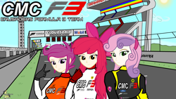 Size: 3840x2160 | Tagged: safe, artist:forzaveteranenigma, derpibooru import, apple bloom, scootaloo, sweetie belle, equestria girls, cloudsdale, cloudsdale international raceway, cutie mark crusaders, digital art, ferrari, ford, honda, human coloration, ibispaint x, lotus (car), motorsport, peace sign, race track, racing suit, watermark