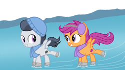 Size: 1280x720 | Tagged: safe, artist:mlplary6, derpibooru import, rumble, scootaloo, pegasus, pony, christmas, colt, female, filly, foal, holiday, ice, ice skating, male, rumbloo, shipping, straight