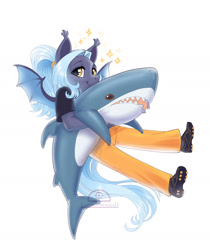 Size: 1280x1524 | Tagged: safe, artist:ladychimaera, derpibooru import, oc, oc only, anthro, bat pony, plantigrade anthro, shark, anthro oc, bat pony oc, bat wings, blåhaj, clothes, looking at you, pants, plushie, shark plushie, shoes, simple background, smiling, smiling at you, solo, sparkles, white background, wings