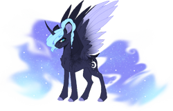 Size: 874x563 | Tagged: safe, artist:enifersuch, derpibooru import, princess luna, alicorn, pony, alternate design, base used, colored hooves, ethereal mane, female, horn, mare, simple background, smiling, solo, starry mane, transparent background, wings