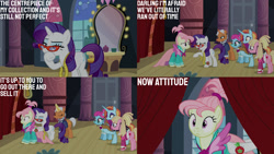 Size: 1280x720 | Tagged: safe, derpibooru import, edit, edited screencap, editor:quoterific, screencap, bleeding heart, blue bobbin, rarity, sassy saddles, starke kragen, pegasus, pony, unicorn, fake it 'til you make it, season 8, spoiler:s08, eyes closed, female, magic, mare, open mouth, telekinesis