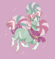 Size: 1920x2052 | Tagged: safe, artist:k-eilonwy, derpibooru import, minty, earth pony, pony, bow, clothes, cutie mark background, deviantart watermark, female, looking at you, mare, obtrusive watermark, scarf, smiling, smiling at you, solo, tail, tail bow, watermark