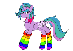 Size: 3508x2480 | Tagged: safe, artist:hrabiadeblacksky, derpibooru import, oc, oc only, oc:colourful aurora, alicorn, pony, 2022 community collab, alicorn oc, chest fluff, clothes, derpibooru community collaboration, horn, nonbinary, rainbow socks, simple background, socks, solo, striped socks, transparent background, wings