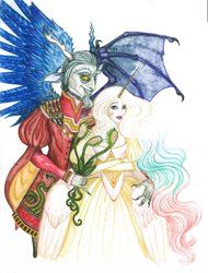 Size: 5650x7450 | Tagged: safe, artist:moryartix, derpibooru import, discord, princess celestia, human, clothes, dislestia, dress, duo, female, horn, horned humanization, humanized, male, shipping, smiling, straight, traditional art