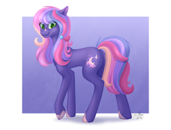 Size: 4670x3555 | Tagged: safe, artist:starshade, derpibooru import, oc, oc only, earth pony, pony, 2021, commission, cute, cutie mark, earth pony oc, female, gradient background, green eyes, heart, heart eyes, lightly watermarked, mare, oc name needed, purple background, purple body, simple background, smiling, watermark, white background, wingding eyes