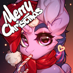 Size: 1280x1280 | Tagged: safe, artist:minekoo2, derpibooru import, twilight sparkle, twilight sparkle (alicorn), alicorn, pony, candy, candy cane, christmas, digital art, female, food, hat, holiday, horn, looking at you, mare, santa hat, solo, wings