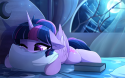 Size: 3999x2491 | Tagged: source needed, safe, artist:magnaluna, derpibooru import, twilight sparkle, twilight sparkle (alicorn), alicorn, pony, bed, book, crying, ears, female, floppy ears, lonely, lying down, mare, moon, one eye closed, pillow, prone, sad, solo, tree, window