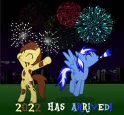 Size: 7000x6500 | Tagged: safe, artist:strategypony, derpibooru import, oc, oc only, oc:sandy sweet, oc:sirius, earth pony, pegasus, pony, 2022, absurd file size, absurd resolution, bipedal, celebration, earth pony oc, eyes closed, fireworks, happy new year, happy new year 2022, holiday, horn, jumping, mottled coat, new year, night, pegasus oc, simple background, tail, text, transparent background, two toned mane, two toned tail