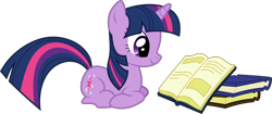 Size: 6000x2519 | Tagged: safe, artist:twilirity, derpibooru import, twilight sparkle, unicorn twilight, pony, unicorn, applebuck season, .svg available, book, female, high res, horn, lying, lying down, mare, multicolored mane, multicolored tail, ponyloaf, prone, purple eyes, reading, simple background, smiling, solo, tail, transparent background, vector