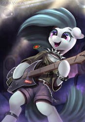 Size: 2253x3246 | Tagged: safe, artist:foxpit, derpibooru import, marble pie, earth pony, pony, bipedal, bracelet, chains, choker, clothes, electric guitar, female, guitar, happy, jewelry, mare, musical instrument, open mouth, open smile, playing instrument, rock (music), shirt, shorts, smiling, spiked choker, stage, supreme