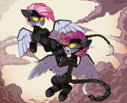 Size: 2048x1653 | Tagged: safe, artist:avery-valentine, derpibooru import, oc, oc only, oc:skyline, fly, insect, pegasus, pony, fallout equestria, armor, armored pony, cloud, commission, commission example, commission open, enclave, enclave armor, enclave raptor, fallout, flying, helmet, pink hair, purple hair, sky, spread wings, wings