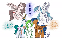 Size: 2000x1300 | Tagged: safe, artist:benzayngcup, derpibooru import, oc, earth pony, pegasus, pony, happy new year 2022, solo